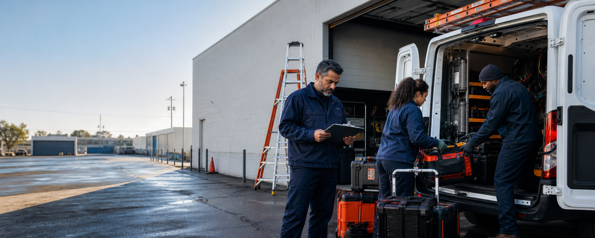 A field-service crew loading equipment cases into their work van