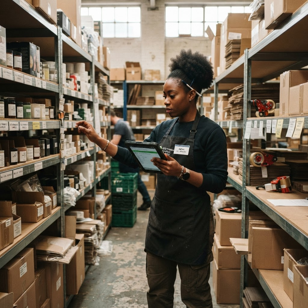 A fulfillment warehouse owner checking inventory on a tablet