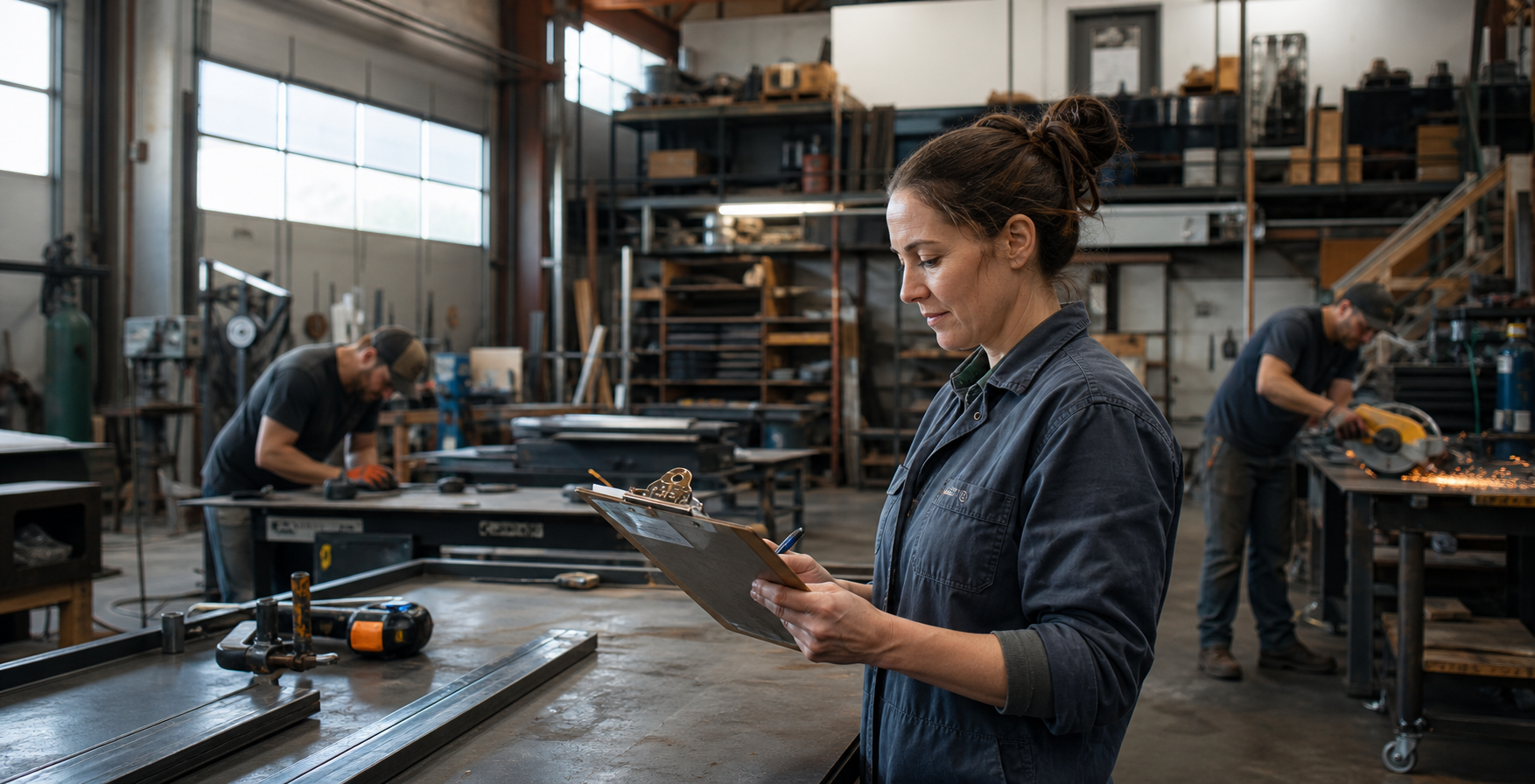 A metal fabrication shop owner reviewing paperwork on a clipboard while her team works behind her